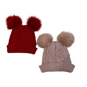 2 PC - Baby Gap Girls Pom-Pom Cable Knit Beanie Hat, Red, Light Pink, Size M/L